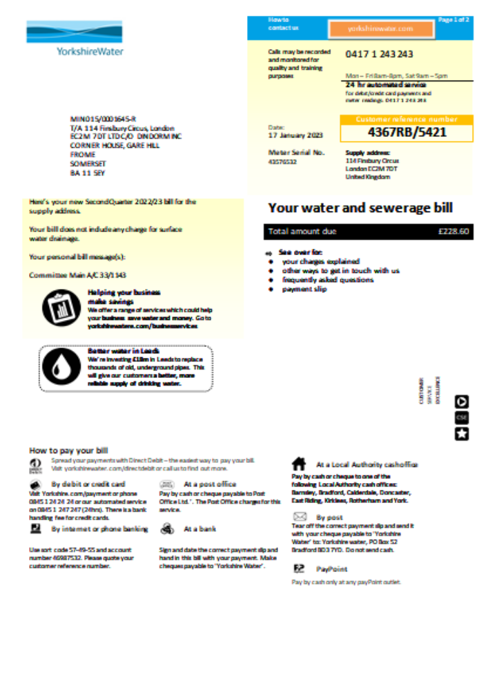 Download Yorkshire water utility business bill,  page 1 SCR Photoshop template